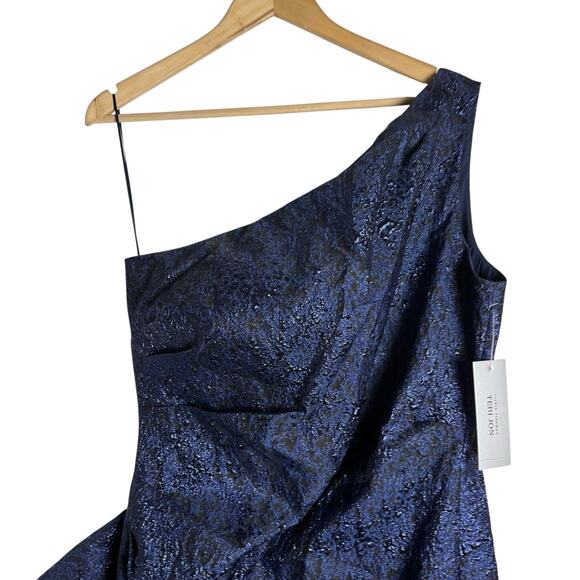 Rickie Freeman Teri Jon Navy One-Shoulder Jacquard Side-Ruffle Evening Gown 16 - Picture 8 of 14